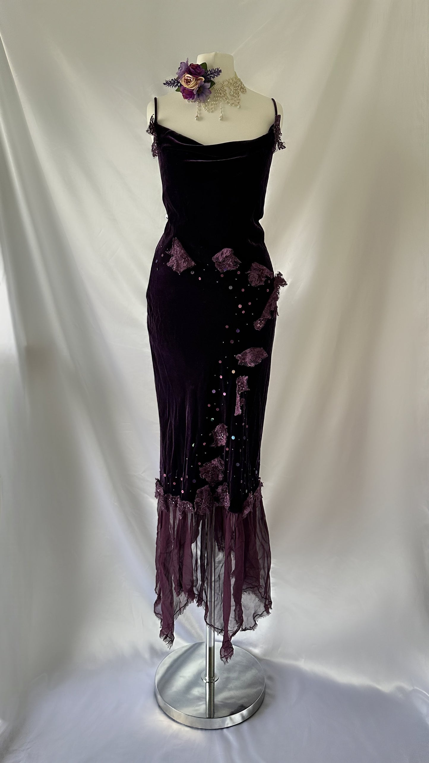 Whimsical Violet Velvet Silk Sequin Midaxi Dress
