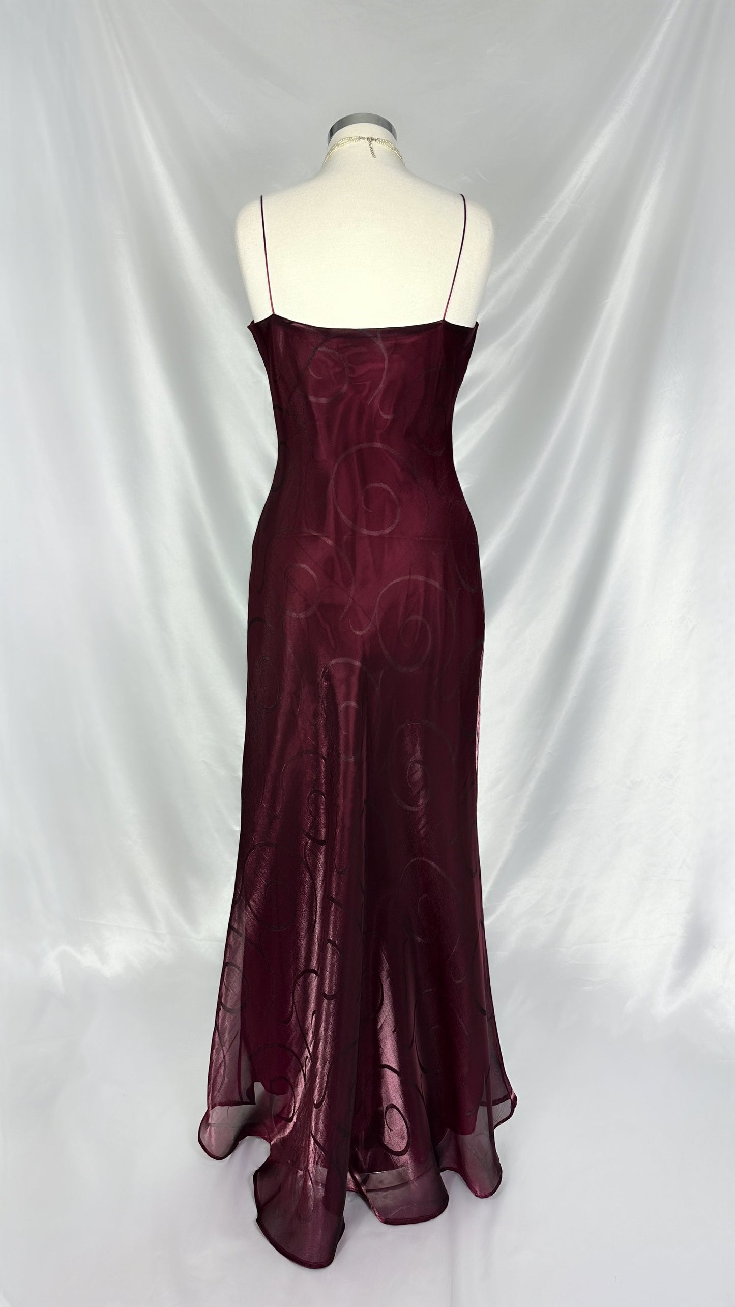 DEEP BURGUNDY SWIRL IRIDESCENT GOWN WITH MATCHING SCARF