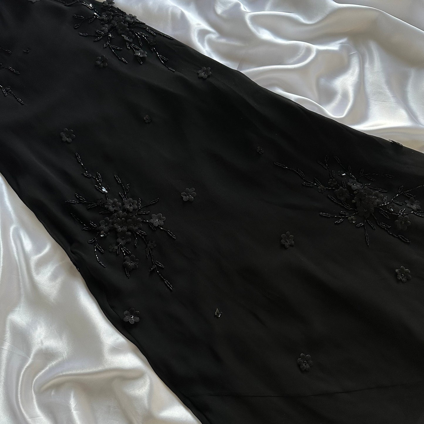 Noir Elegance Vintage Black Silk Beaded Floral Appliqué Maxi Dress