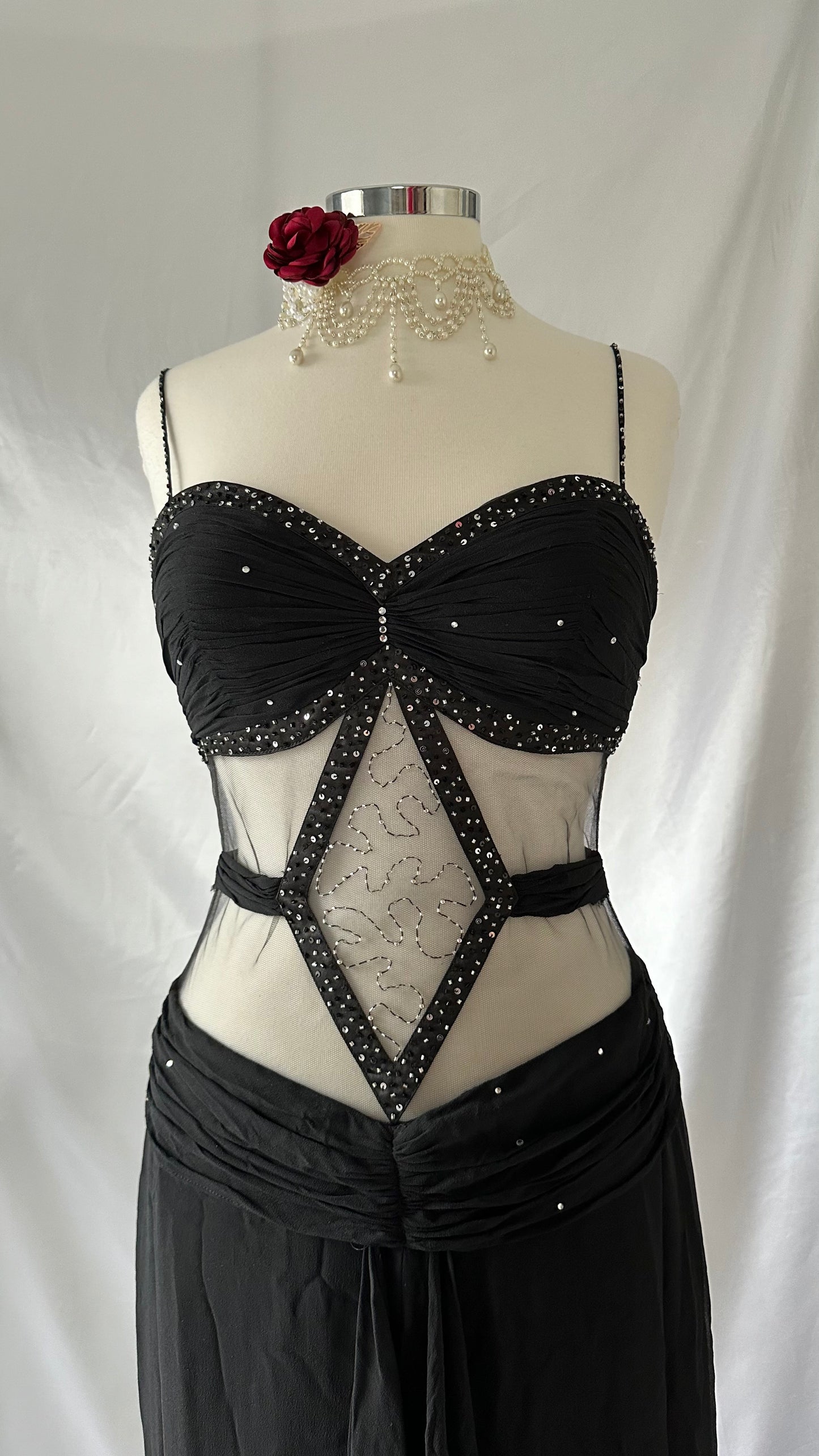 Sultry Vintage Black Silk Embellished Mesh Cut-Out Gown