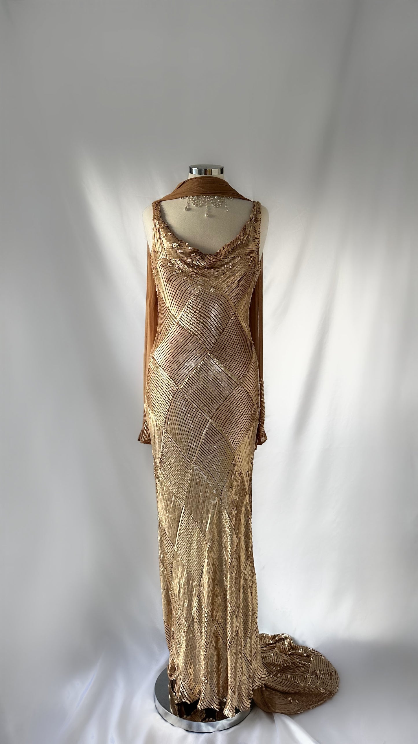 OLD HOLLYWOOD GOLD SEQUIN SILK GOWN & SCARF SET