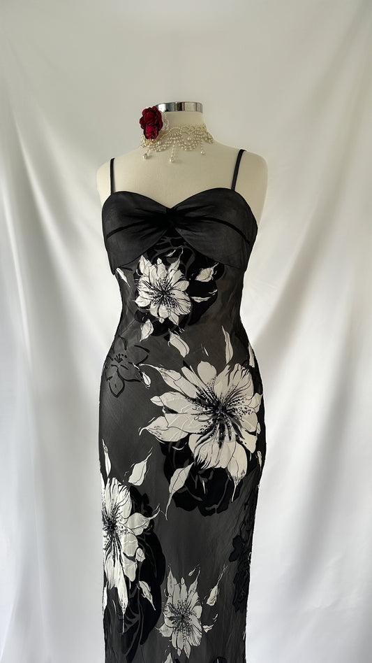 Gorgeous 00s Floral Black & White Silk Backless Maxi Dress