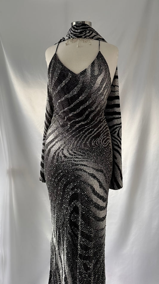 Vintage Embellished Grey & Black Zebra Print Silk Dress