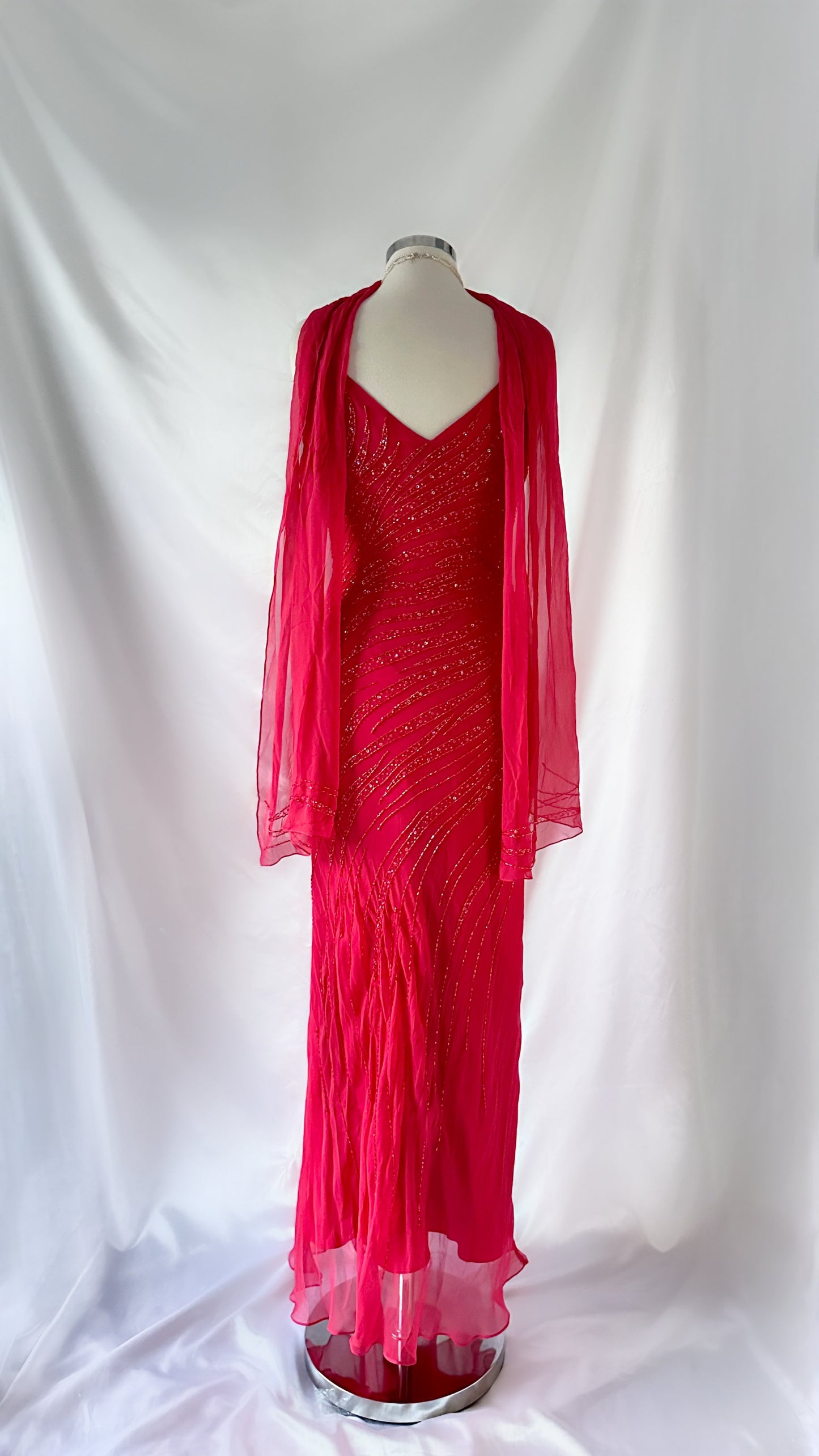 FLAMED ROSE RED EMBELLISHED GOWN & SCARF SEF