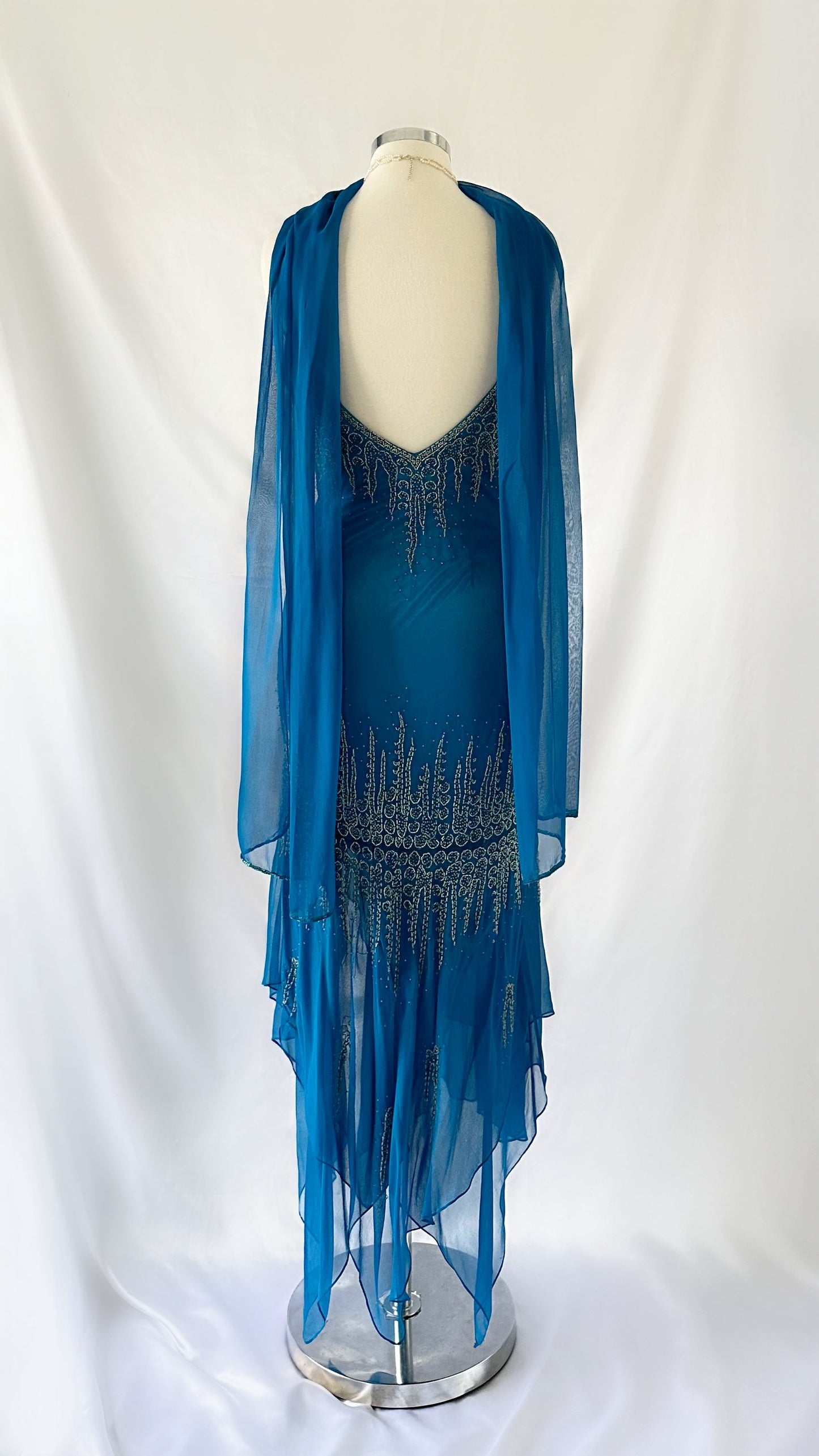 SAPPHIRE ICICLE EMBELLISHED SILK MIDI DRESS & SCARF SET