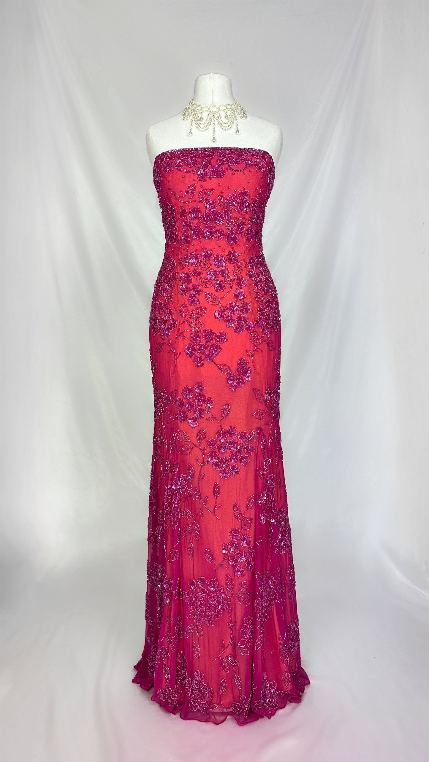 GUAVA PINK FLORAL SILK EMBELLISHED GOWN