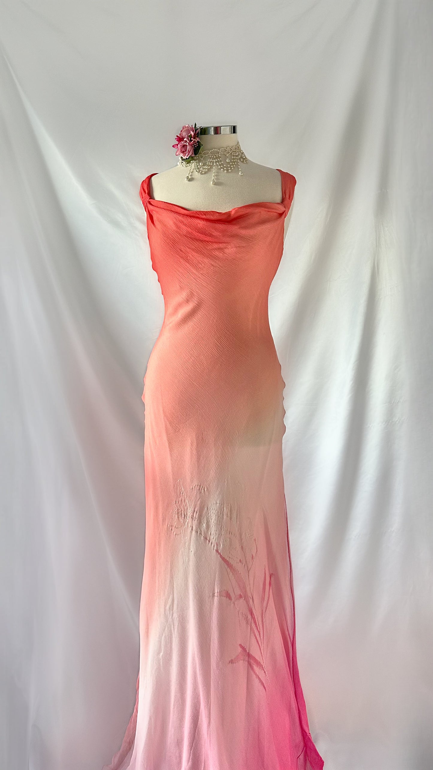 Ethereal 90s Sunset Peach Ombré Floral Silk Gown