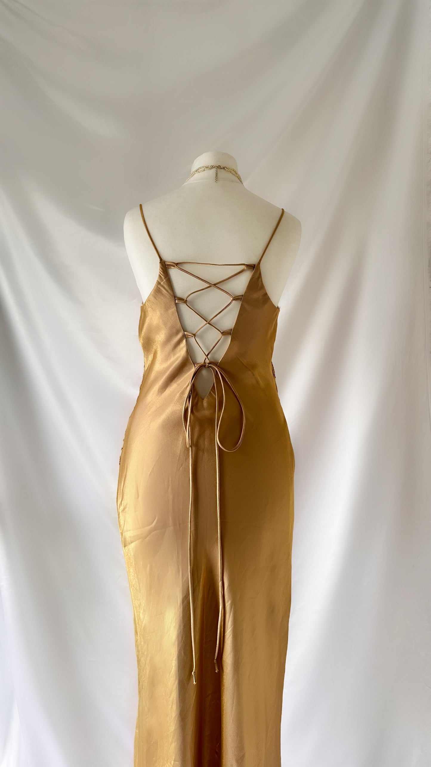 GOLD IRIDESCENT LEAF VINE EMBELLISHED MAXI DRESS & SCARF SET