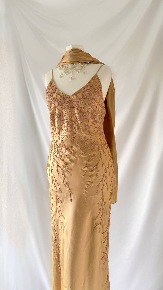 Gold Iridescent Leaf Vine Embellished Maxi Dress Set