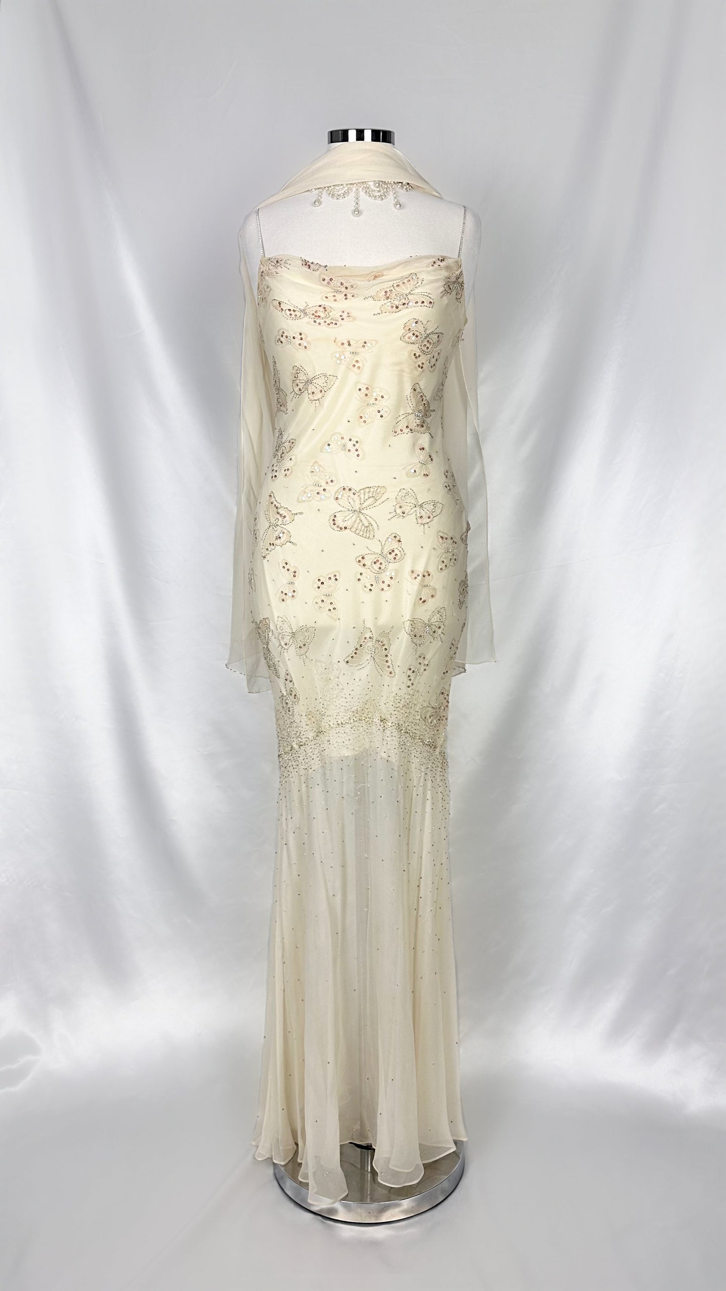 IVORY BUTTERFLY REVERIE EMBELLISHED GOWN WITH MATCHING SCARF