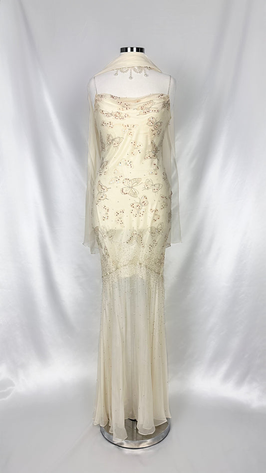 IVORY BUTTERFLY REVERIE EMBELLISHED GOWN WITH MATCHING SCARF