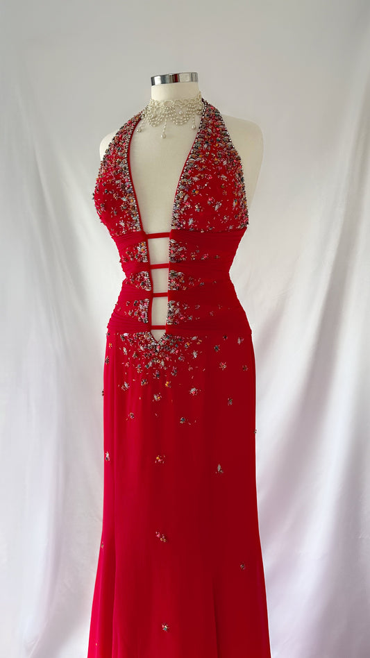 Eye Catching Vintage 90s Vixen Cherry Red Low V-cut Gown