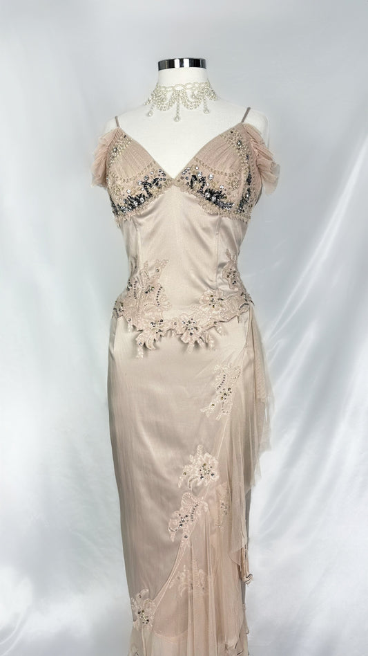 NUDE COUTURE EMBELLISHED CORSET TOP AND MATCHING SKIRT SET