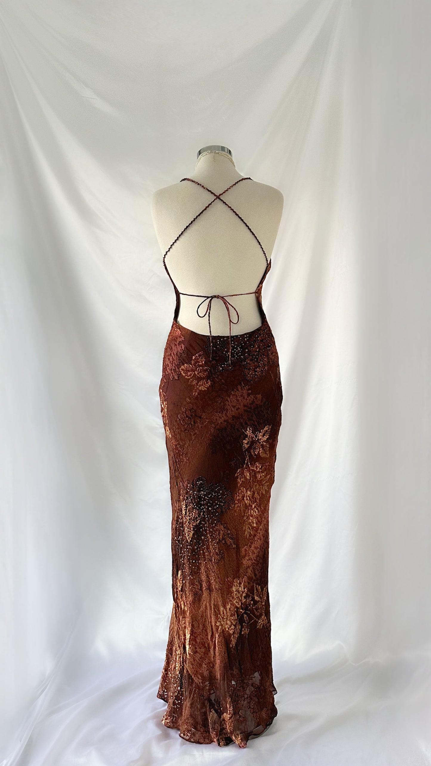 Golden Autumn Leaf 90s Silk Brown & Gold Embellished Backless Gown