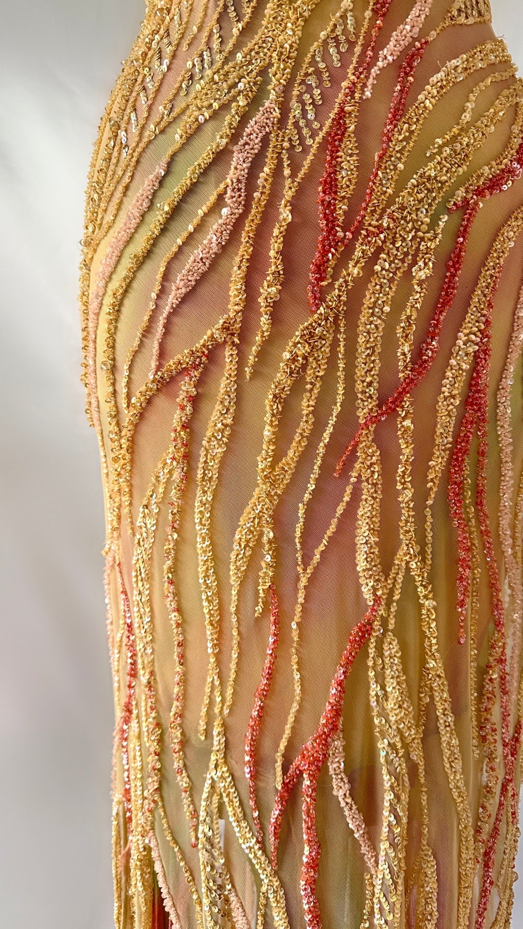 Sea Siren Gold, Red & Green Silk Jellyfish Embellished Halter Gown