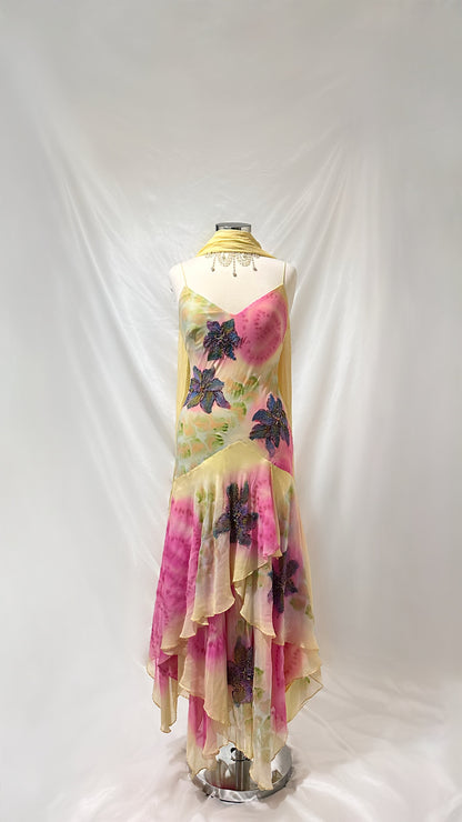 Ethereal 90s Pastel Yellow Floral Silk Gown