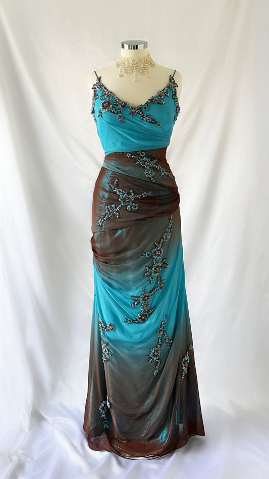 ENCHANTED COCOA & BLUE ROSE IRIDESCENT DRAPED GOWN