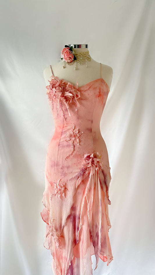 Dreamy Vintage 90s Blush Pink Asymmetrical Silk Fairy Midi Dress