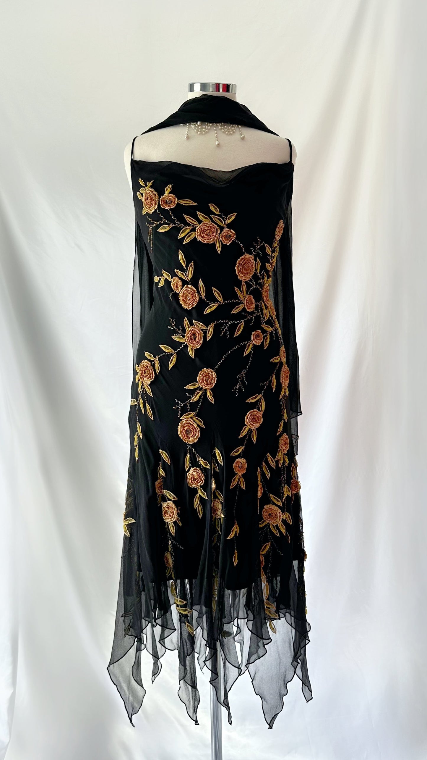 GOLDEN CROCHET ROSE SILK EMBELLISHED MIDI DRESS & SCARF SET