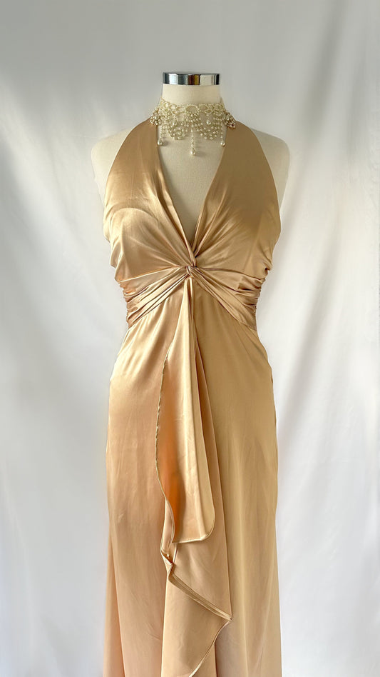 Classy 90s Vintage Gold Halter Neck Twist Bust Maxi Dress