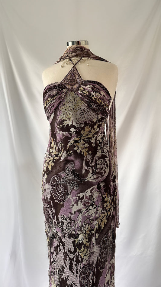 Gorgeous 90s Purple Floral Paisley Silk Beaded Maxi Dress & Scarf Set