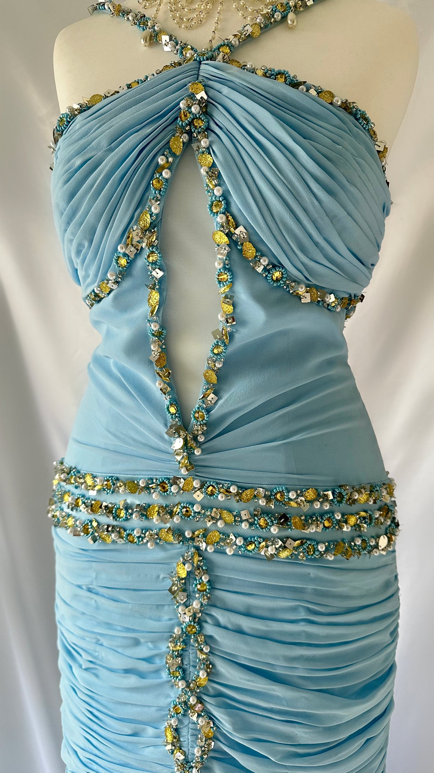 Gorgeous Vintage Baby Blue Embellished Key-Hole Gown