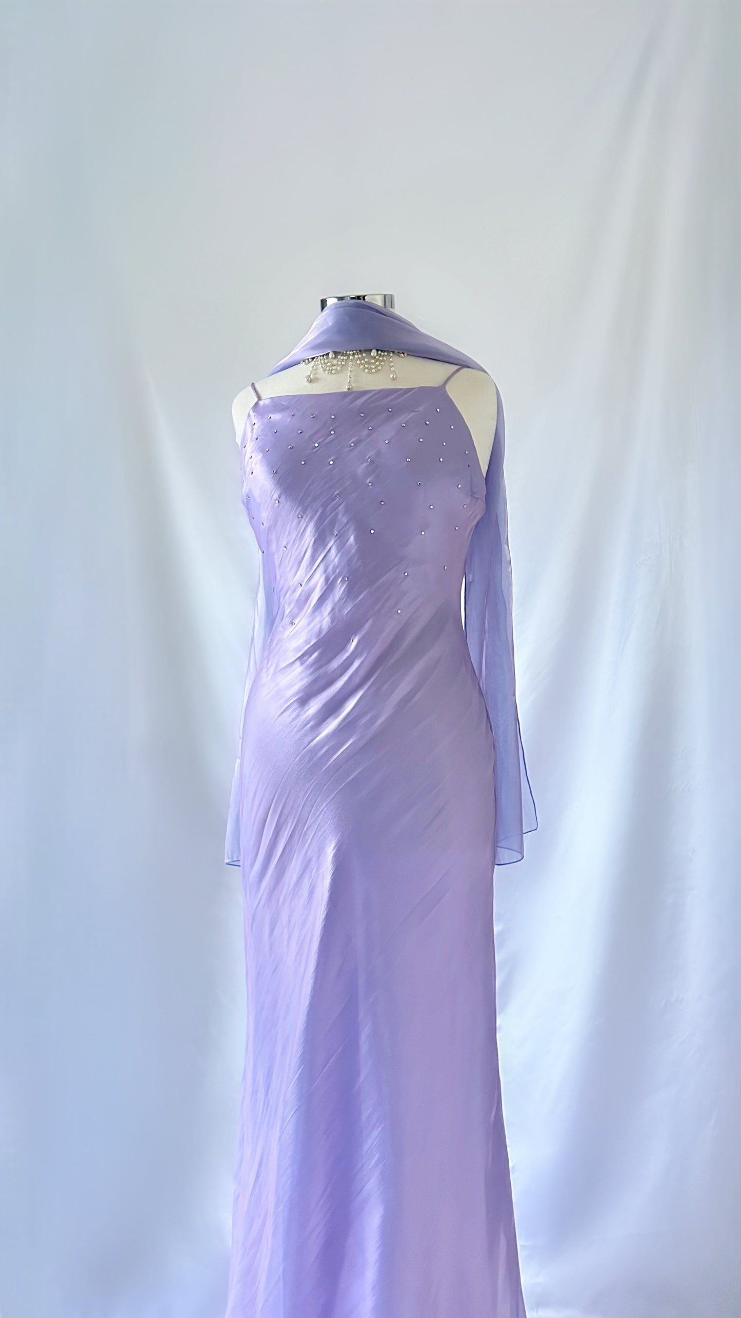 LILAC WATERS IRIDESCENT RHINESTONE BACKLESS GOWN & SCARF SET