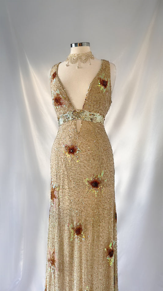 GOLD SUNFLOWER BACKLESS EMBELLISHED GOWN