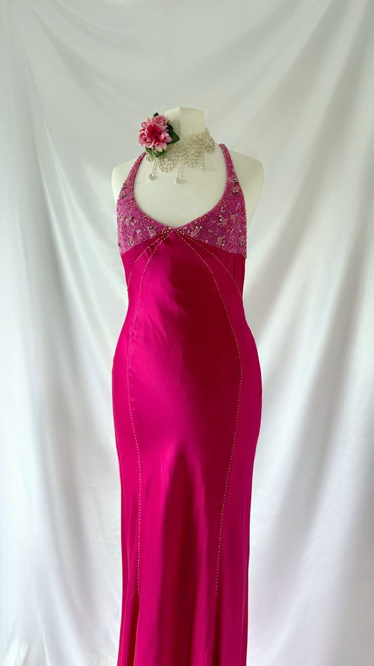 Beautiful 90s Fuchsia Pink Embellished Silk Backless Gown