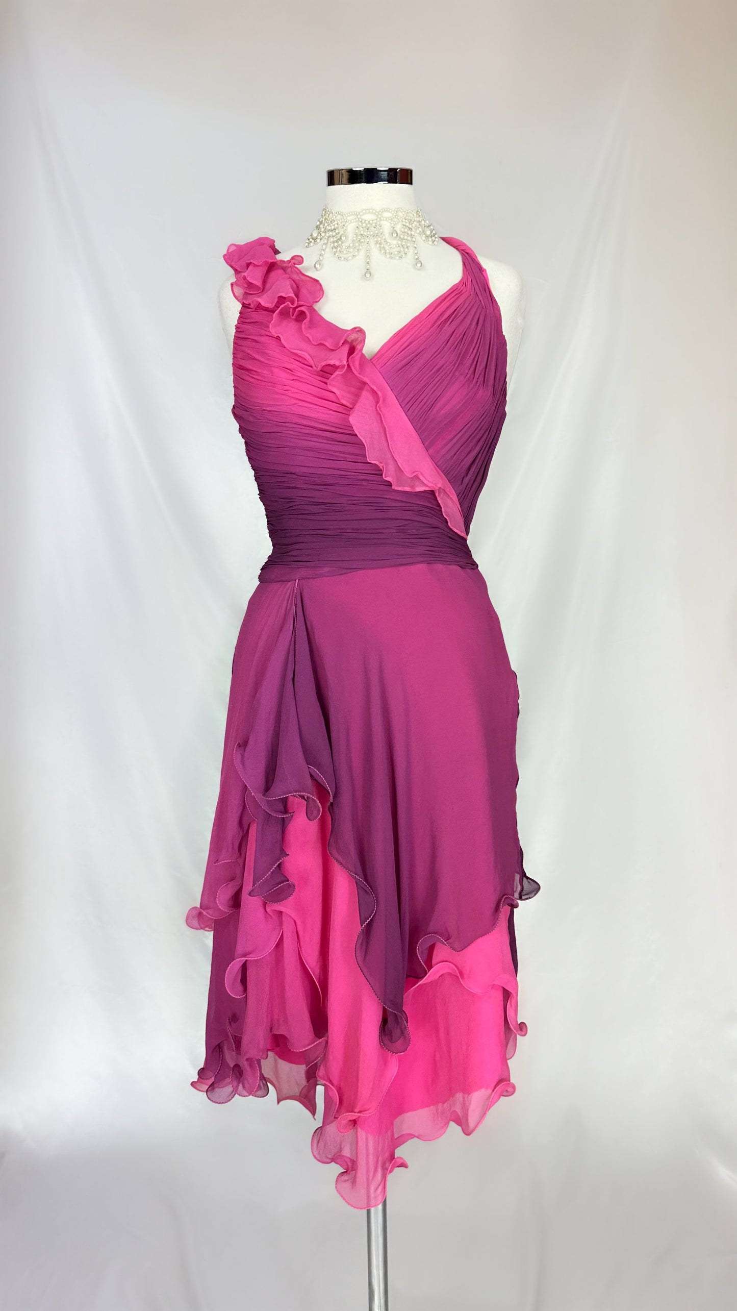 RUCHED RUFFLES PURPLE & PINK SILK MIDI DRESS