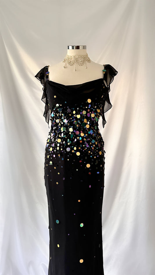 Whimsical 00s Black Bubble Sequin Embellished Maxi Dress