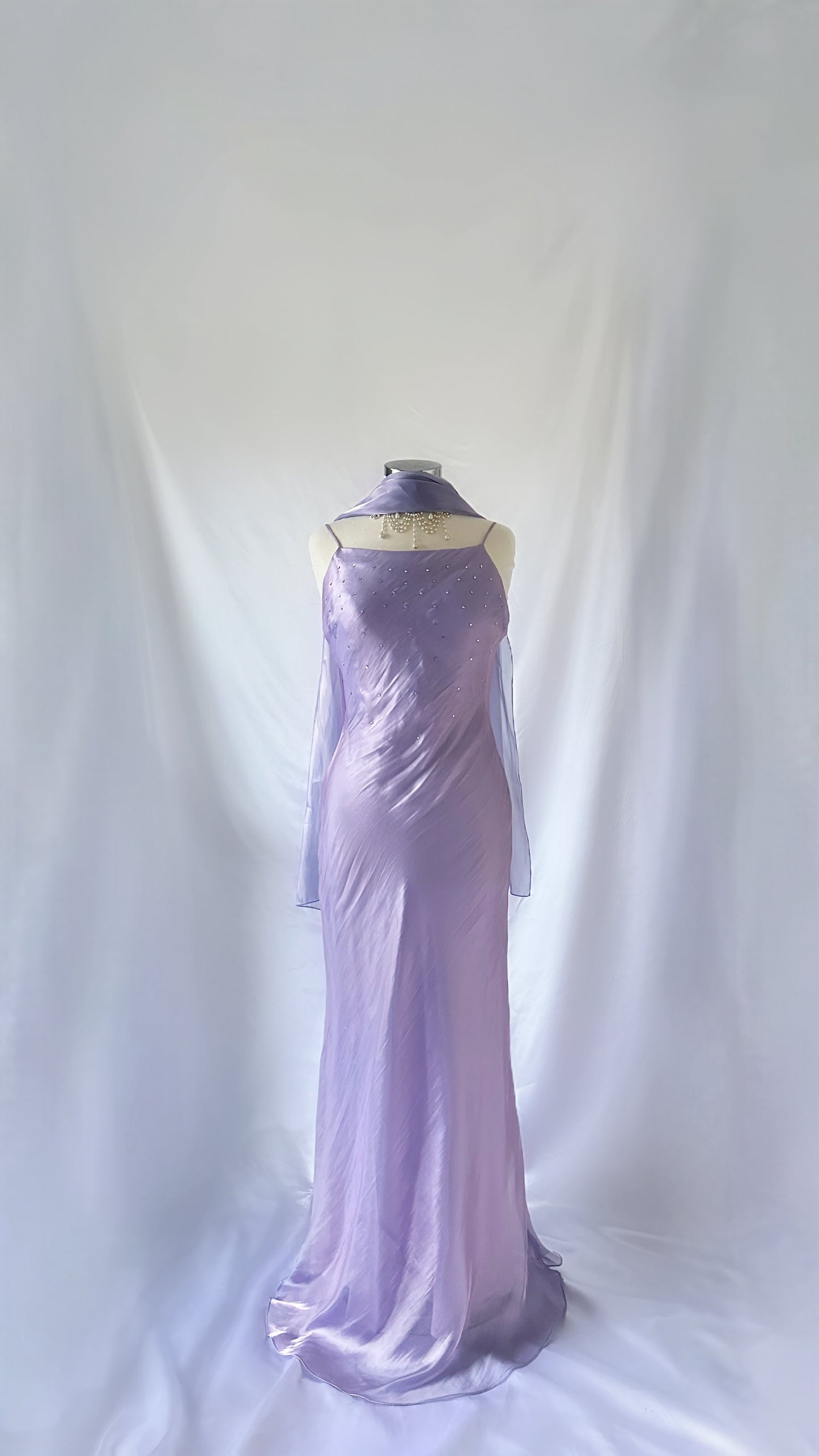 LILAC WATERS IRIDESCENT RHINESTONE BACKLESS GOWN & SCARF SET