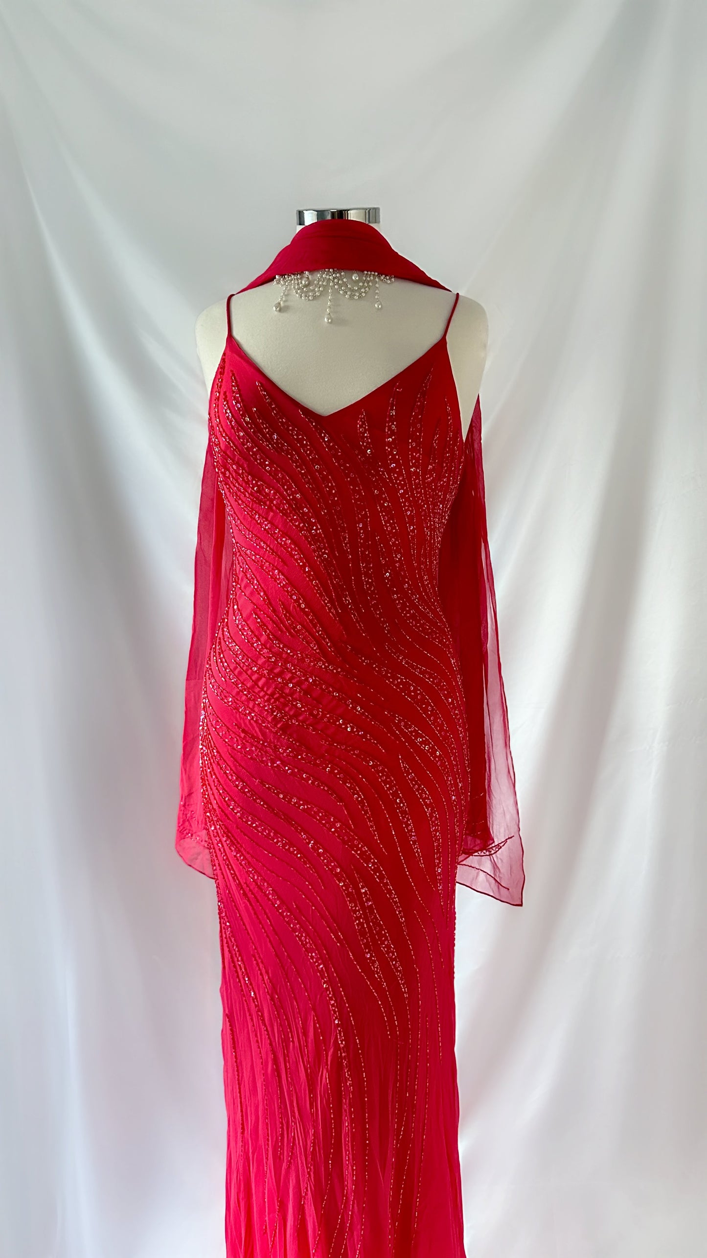 FLAMED ROSE RED EMBELLISHED GOWN & SCARF SEF