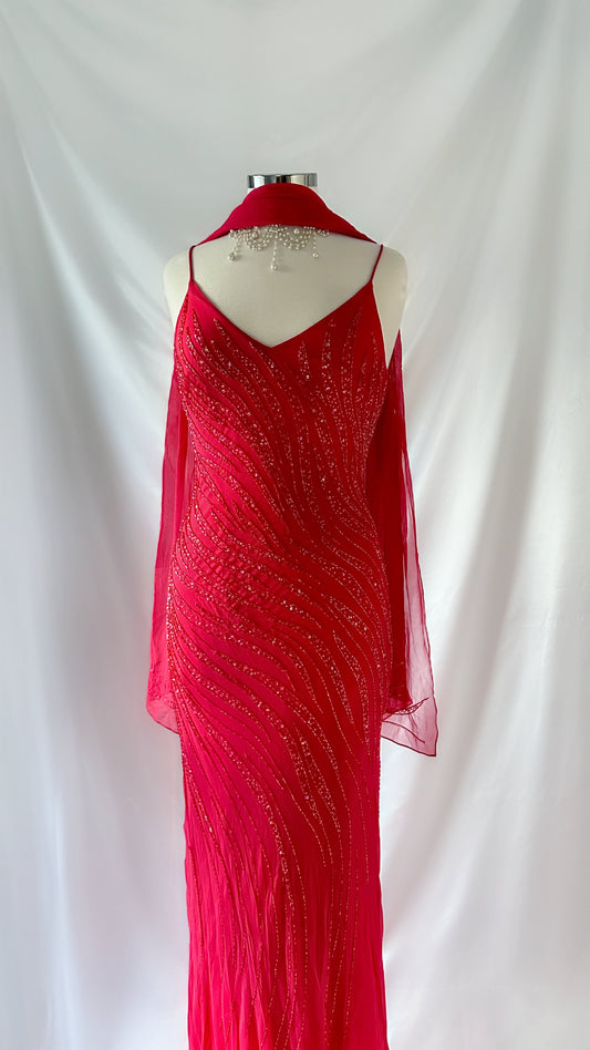Beautiful Bright Rose Red Flame Embellished Maxi Dress Set