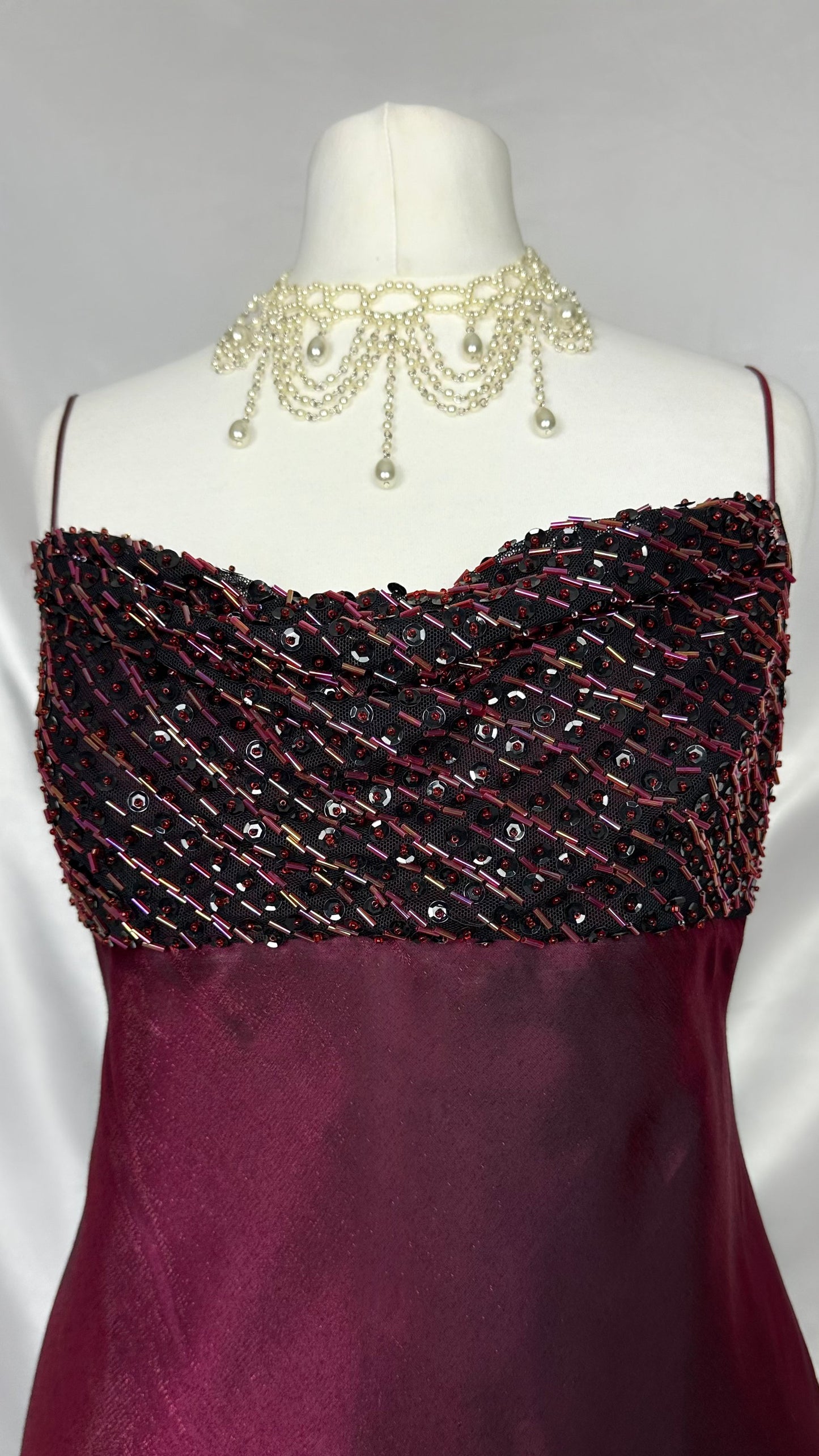 BURGUNDY IRIDESCENT EMBELLISHED COWL MAXI DRESS