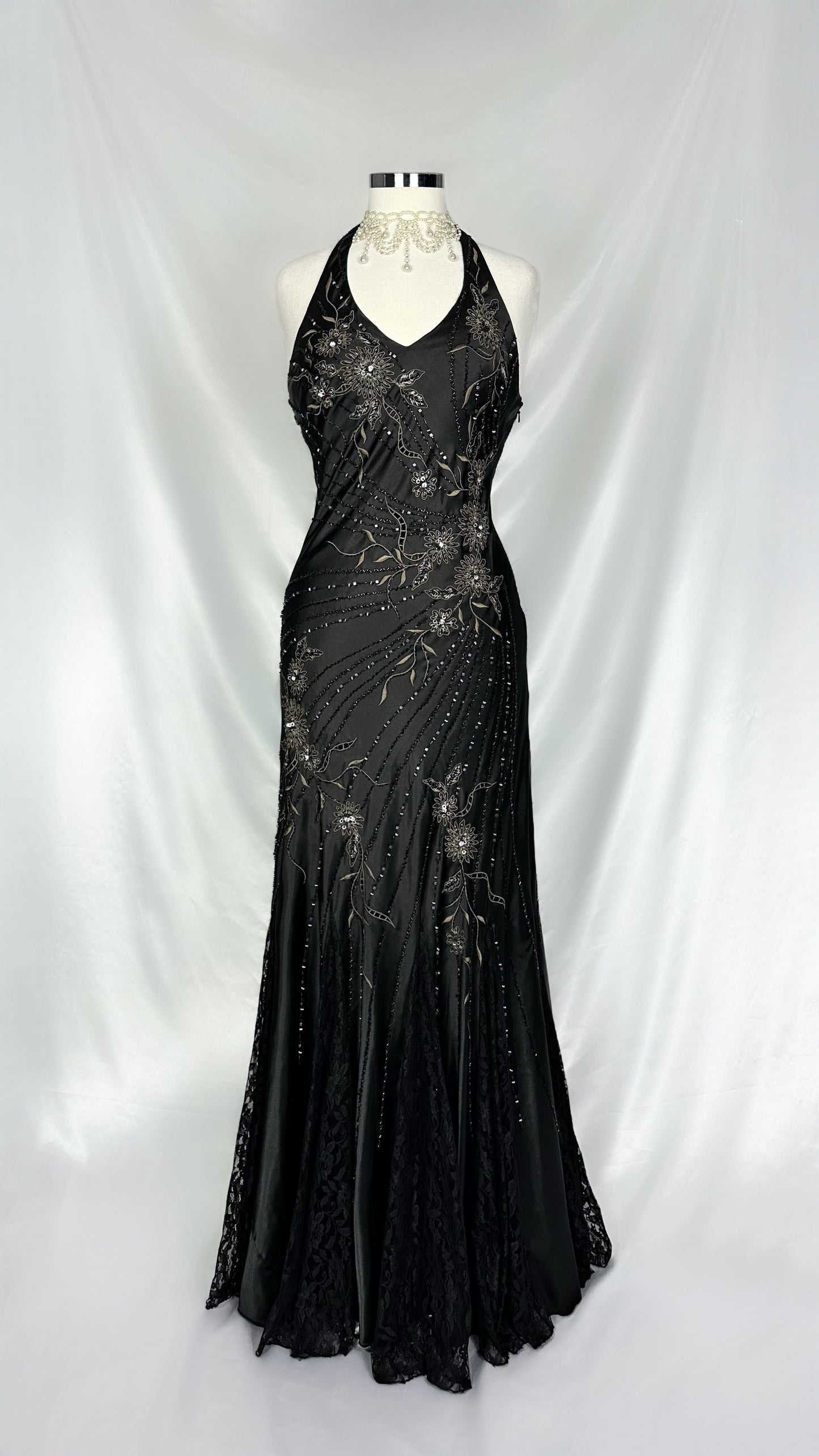 BLACK HALTER EMBELLISHED LACE SLEEK GOWN