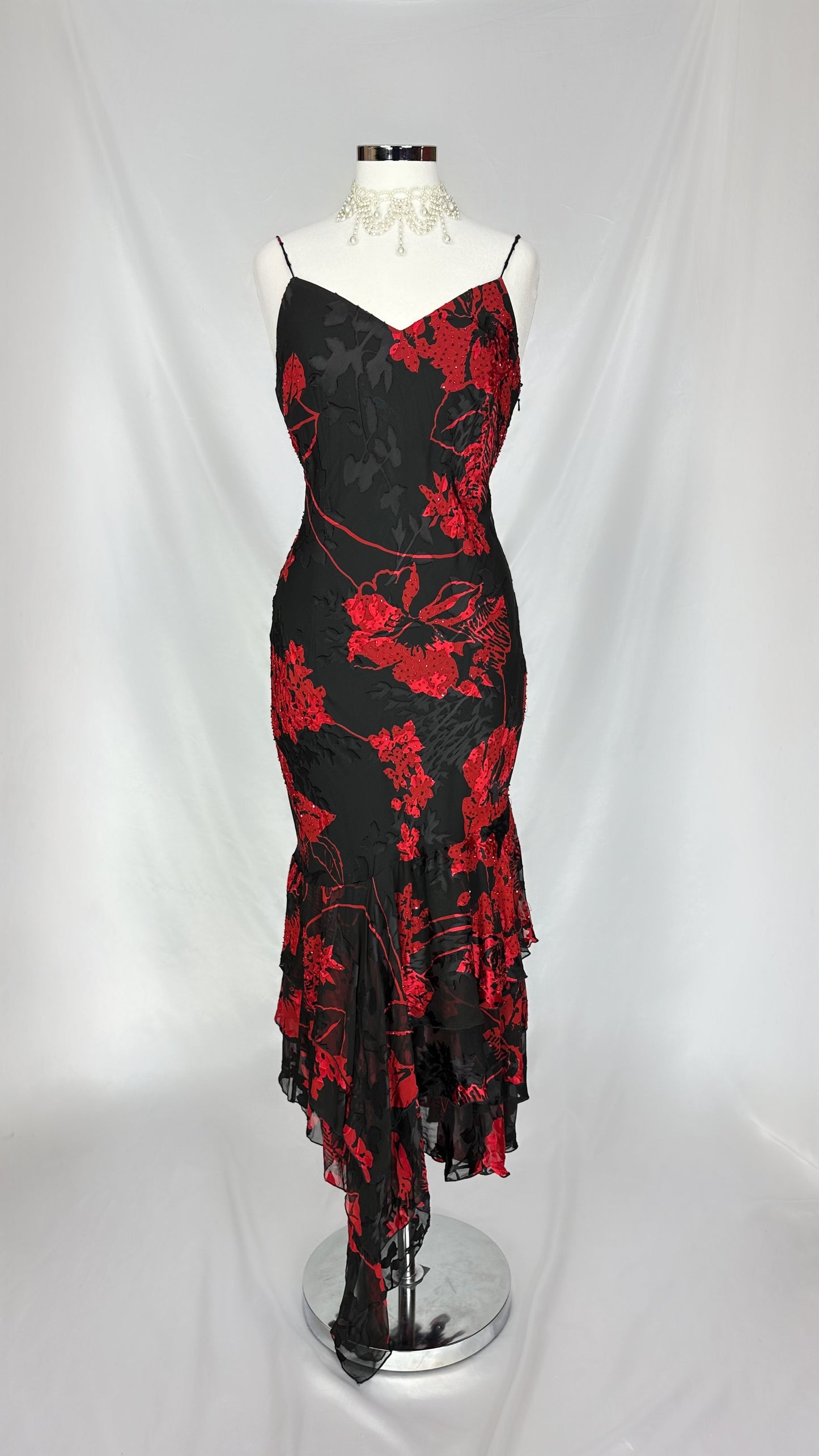 90s RED & BLACK FLORAL EMBELLISHED MIDI DRESS