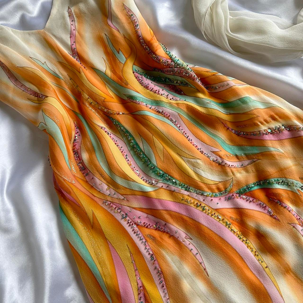 Absolutely Dreamy 90s Vintage Fiery Silk Beaded Asymmetrical Dress With Matching Scarf