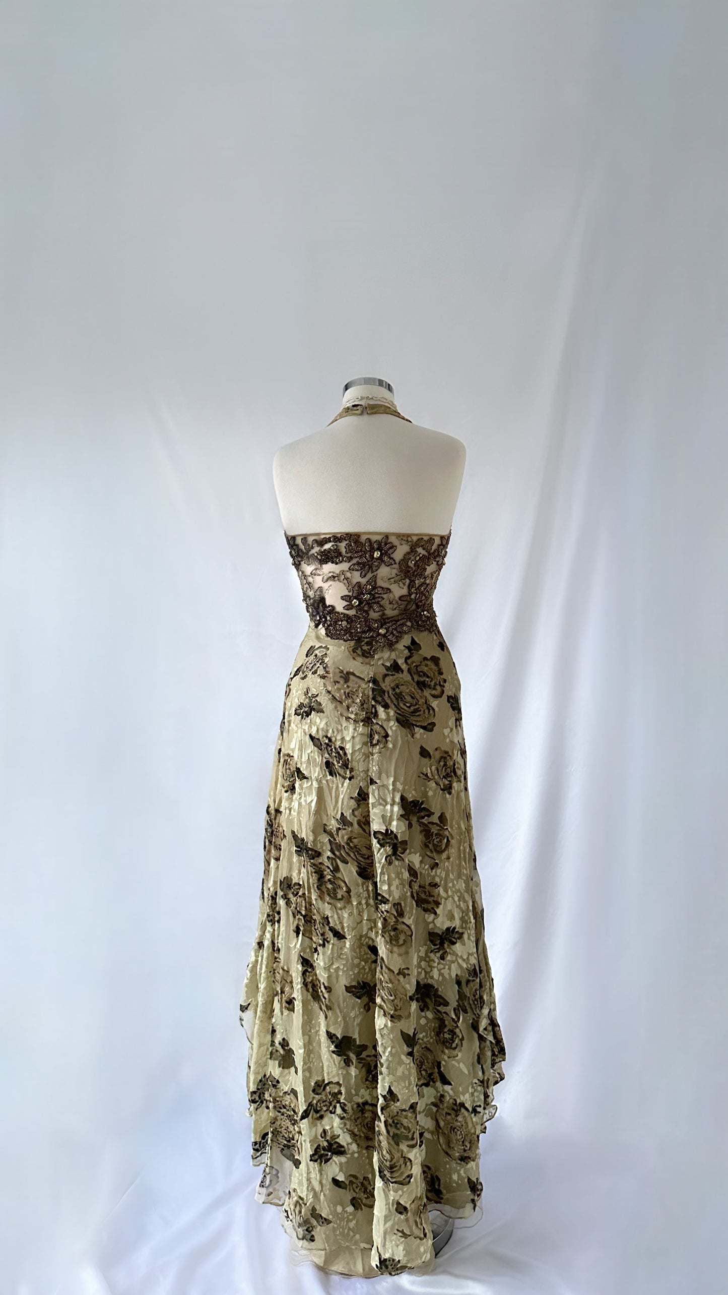 GOLDEN ROSE SILK DEVORE MESH WAIST EMBELLISHED GOWN