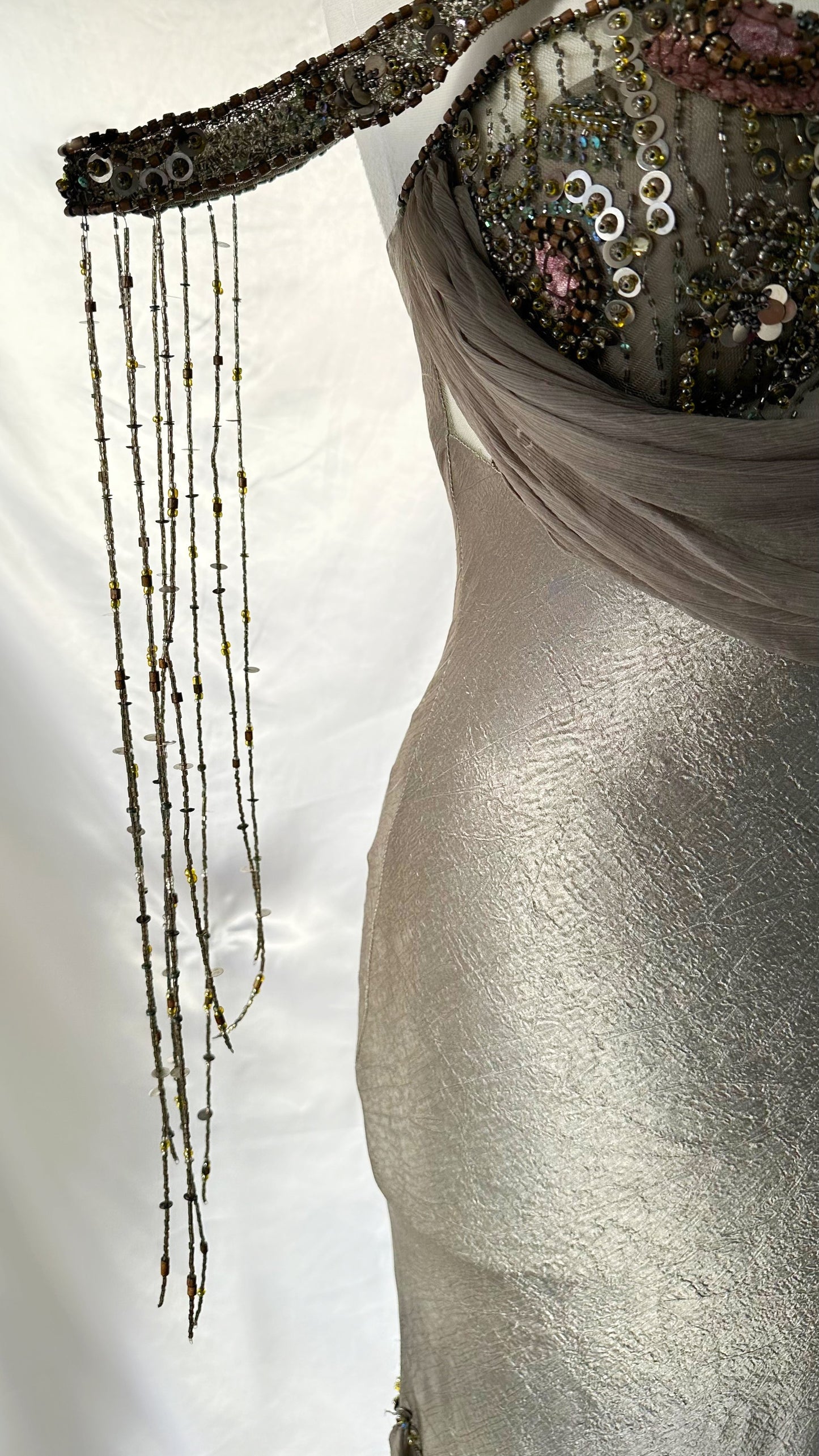 Captivating Vintage 90s Steel Grey Embellished Silk Siren Gown