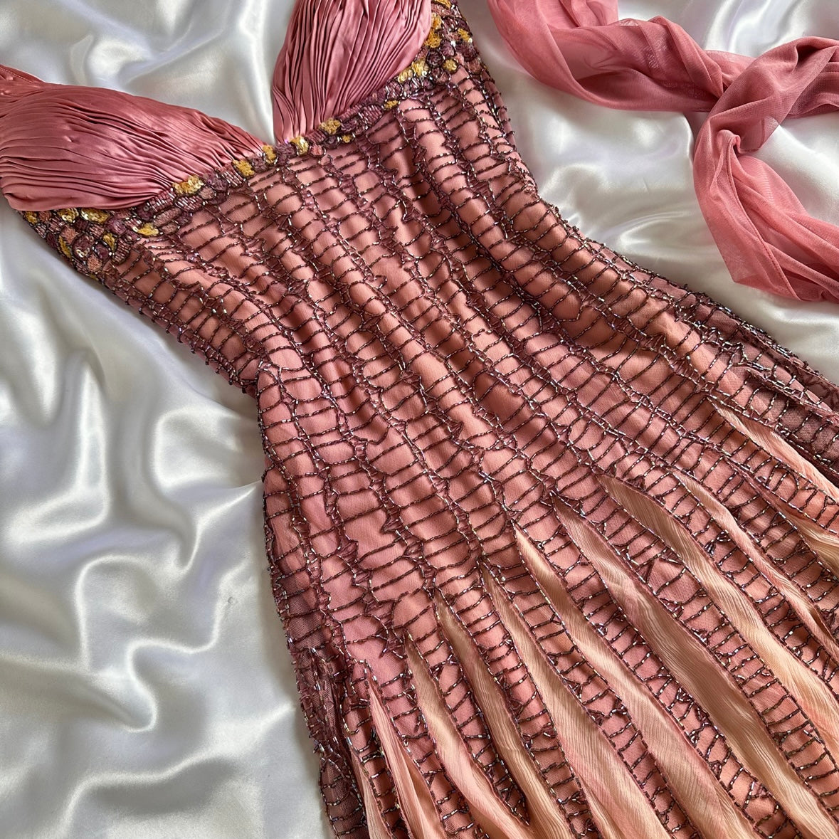 Blush Beauty Vintage Grey Holographic Gate Netting Silk Mesh Maxi Dress