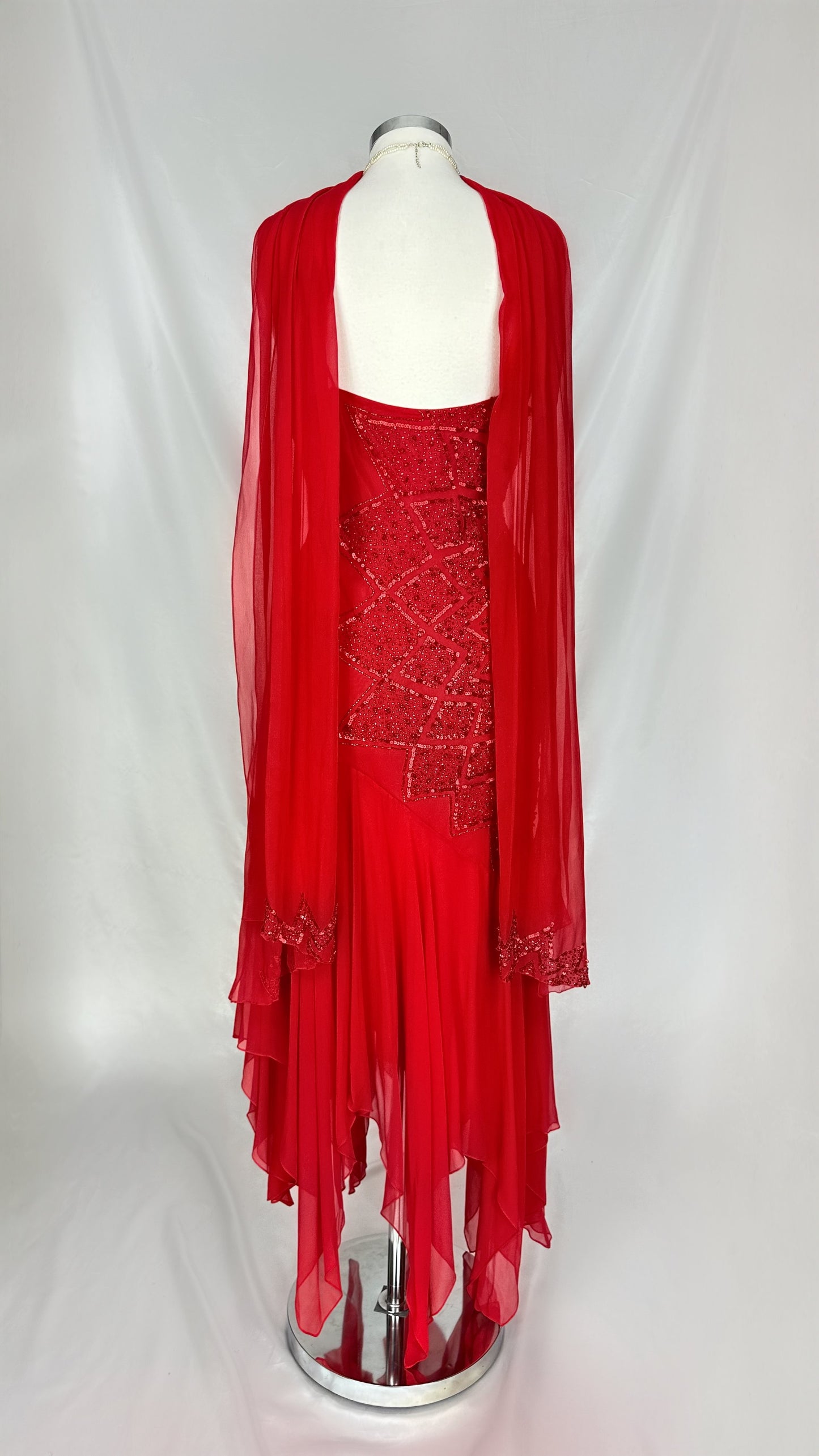 CHERRY RED EMBELLISHED STAR FLOWER SILK MIDAXI DRESS WITH MATCHING SCARF