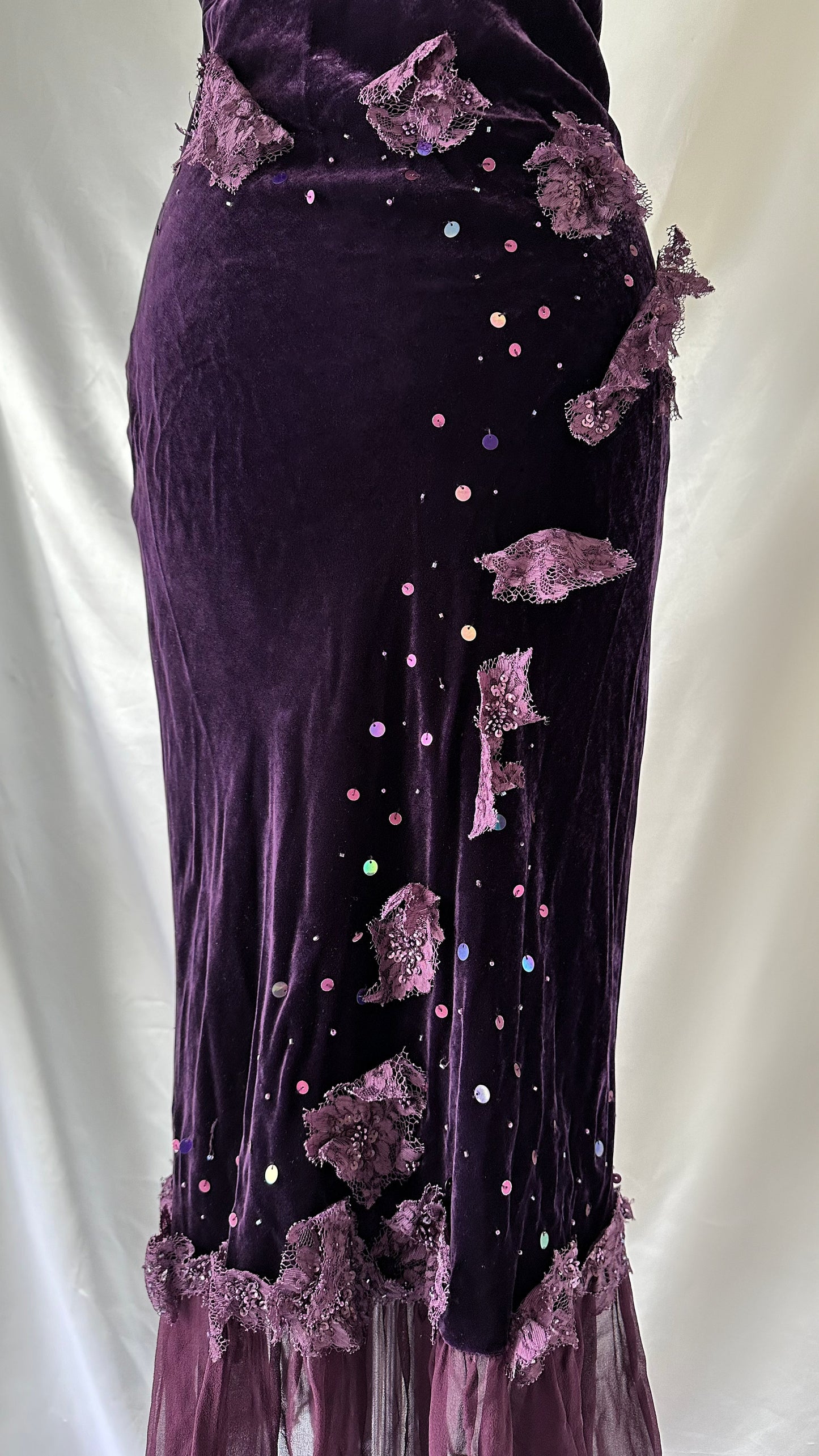 Whimsical Violet Velvet Silk Sequin Midaxi Dress