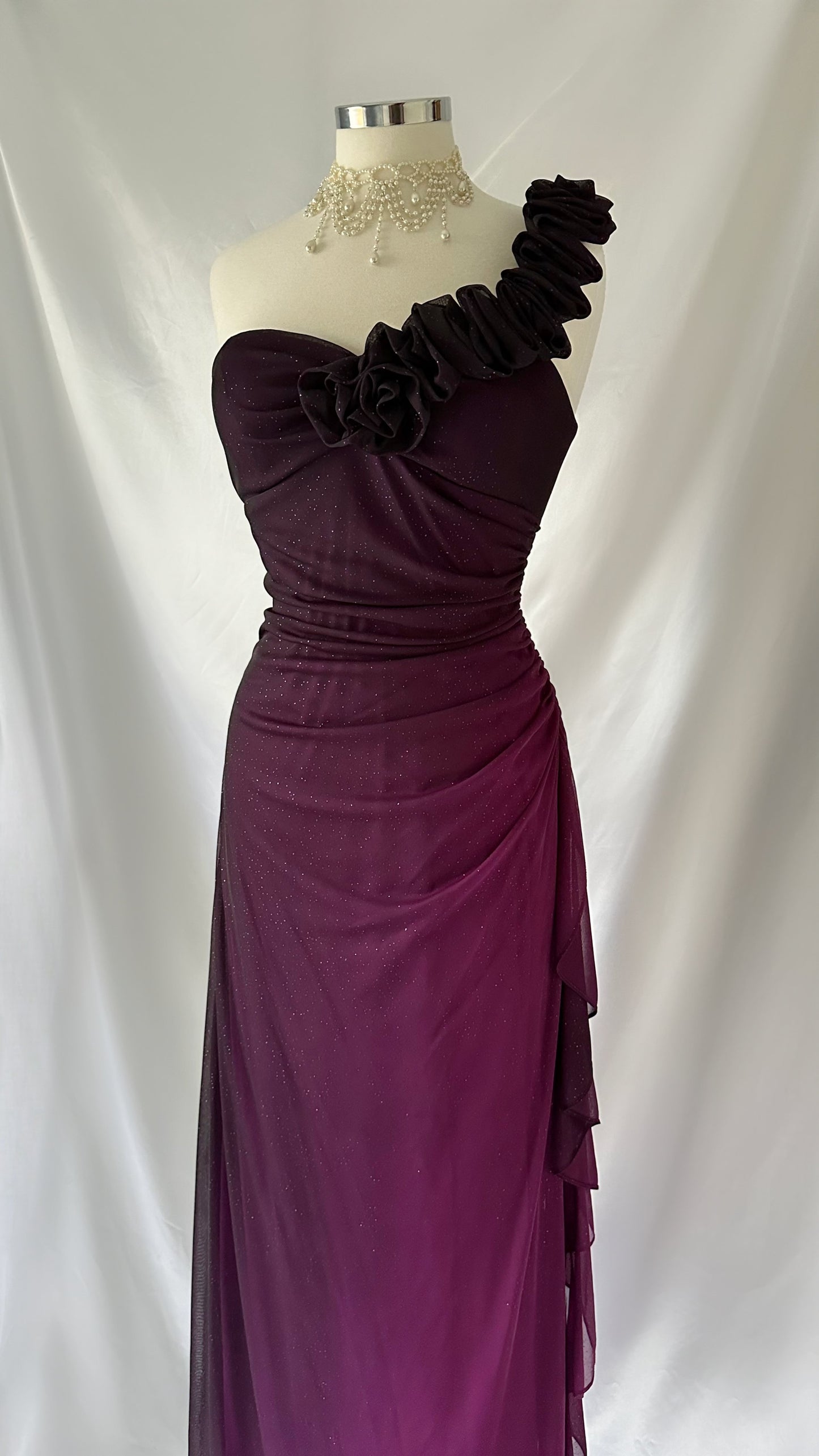 Shimmery Vintage 00s Purple Ombré One Shoulder Maxi Dress
