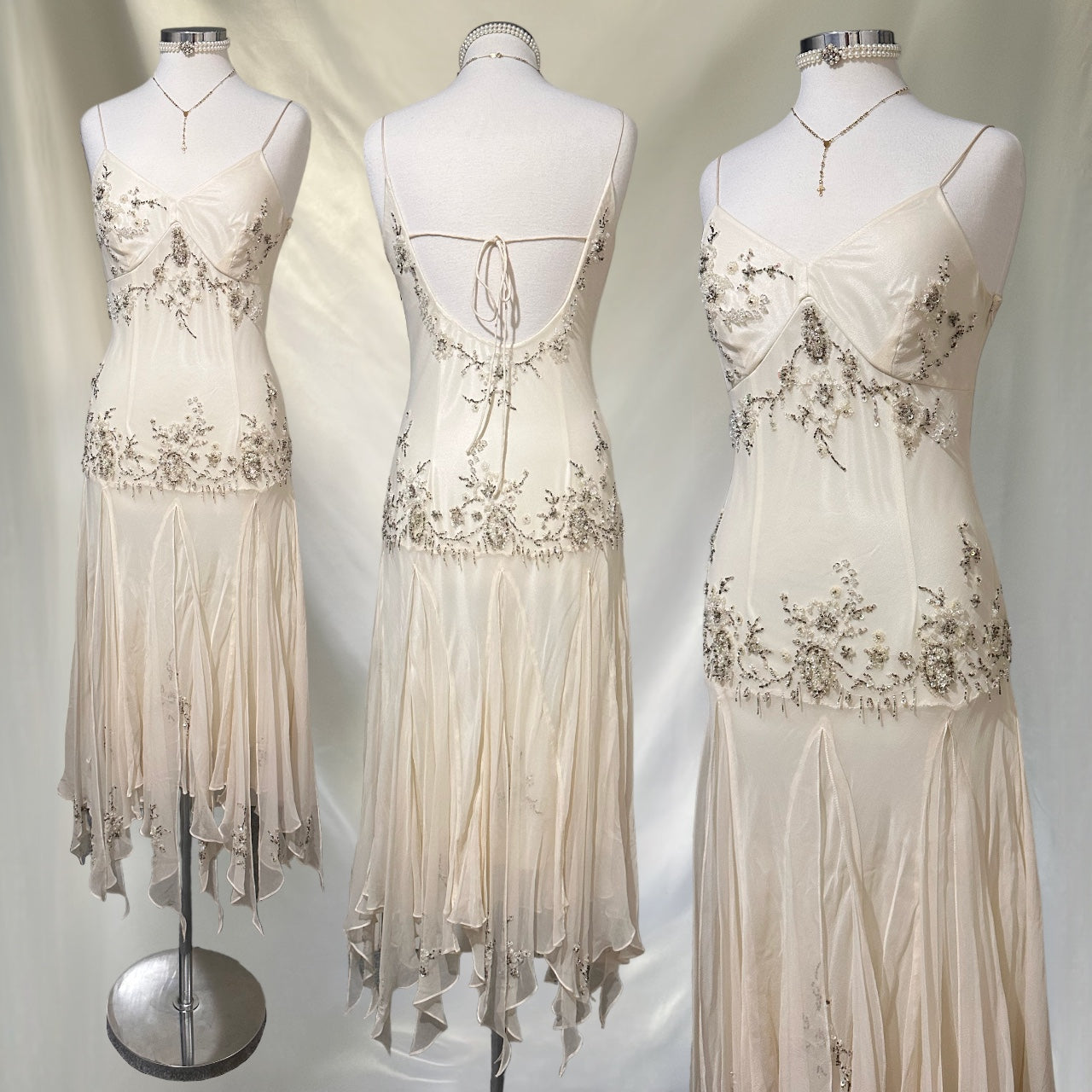 Ethereal Embellished Vintage Ivory Silk Maxi Dress