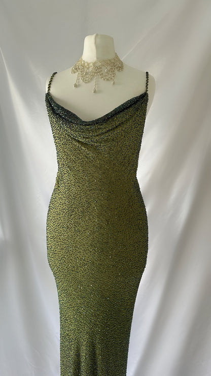 Enchanting Green Silk Highly Embellished Gown with Matching Shawl (S)