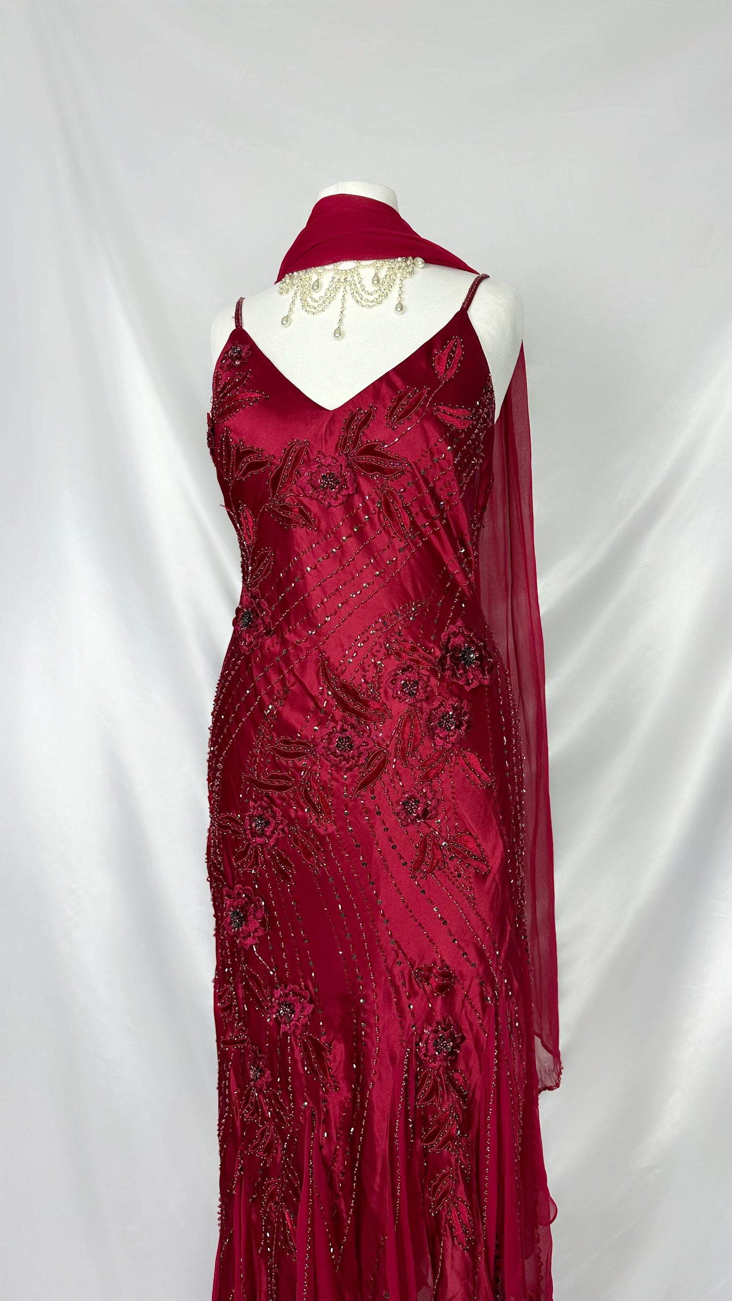 SCARLET ROSE SILK ASYMMETRICAL MIDI DRESS WITH MATCHING SCARF