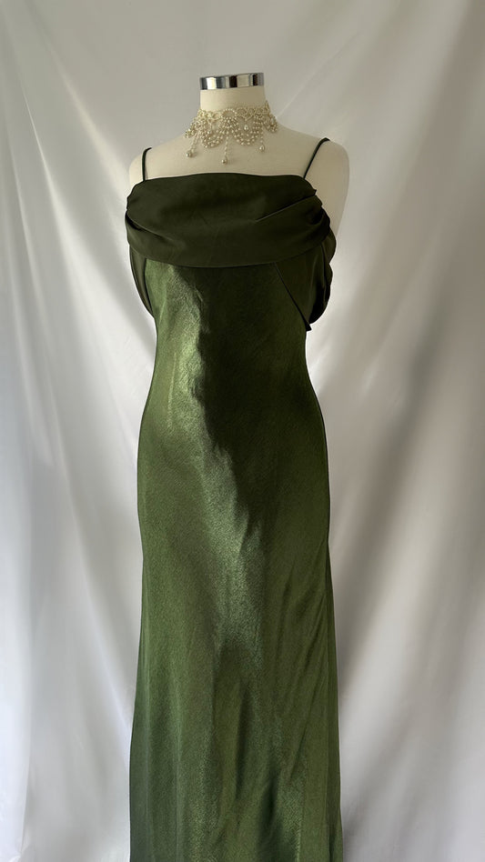 Iridescent Moss Green Vintage 00s Mesh Cowl Maxi Dress