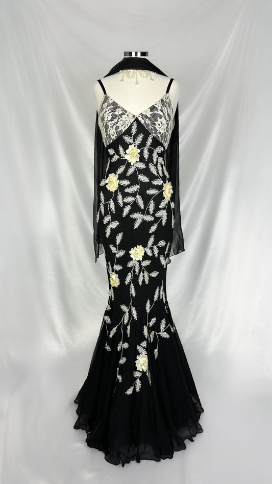 ELEGANCE IN BLOOM BLACK SILK GOWN WITH MATCHING SCARF