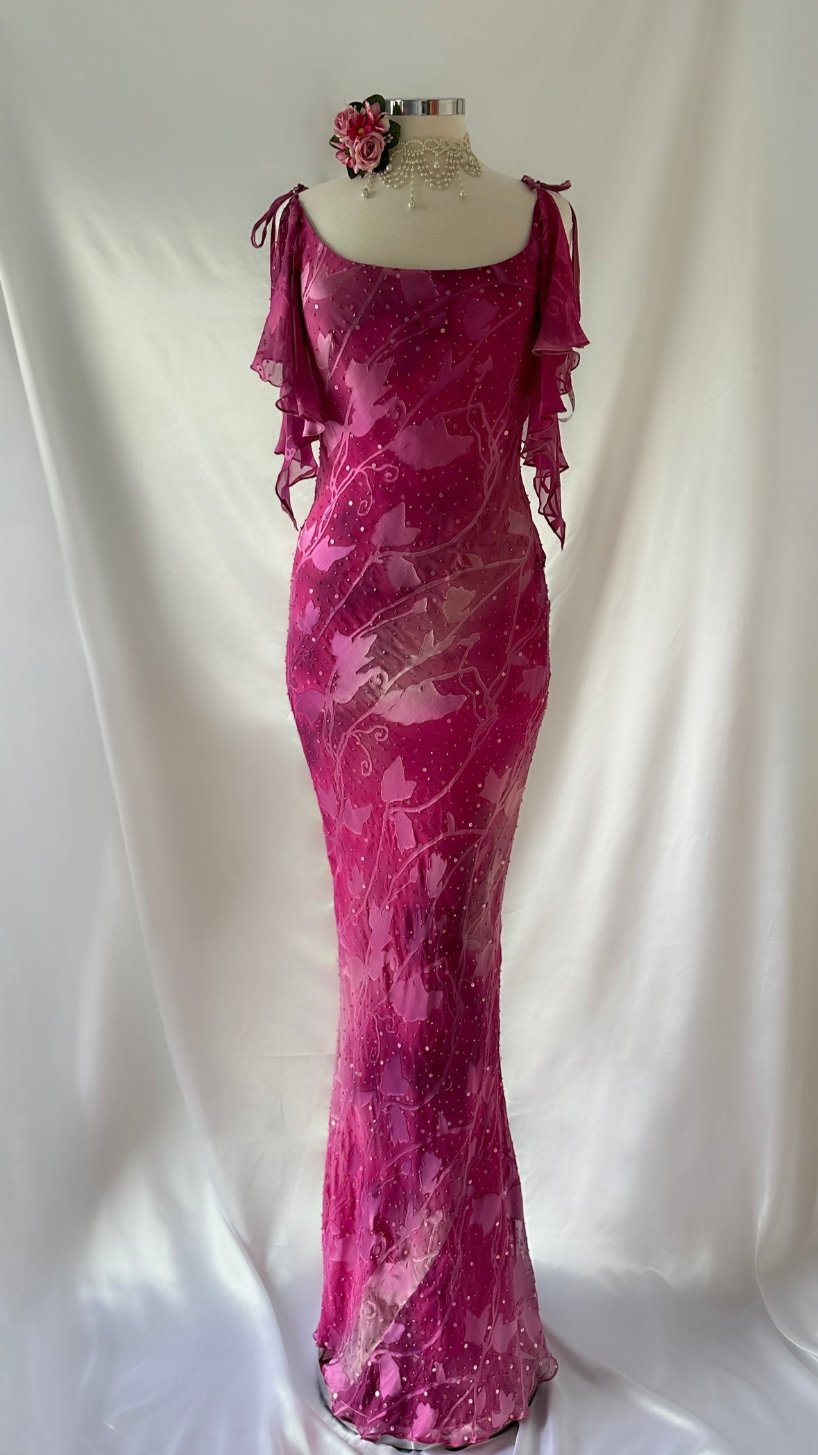 Fuchsia Gardens Vintage 90s Silk Devore Floral Backless Gown